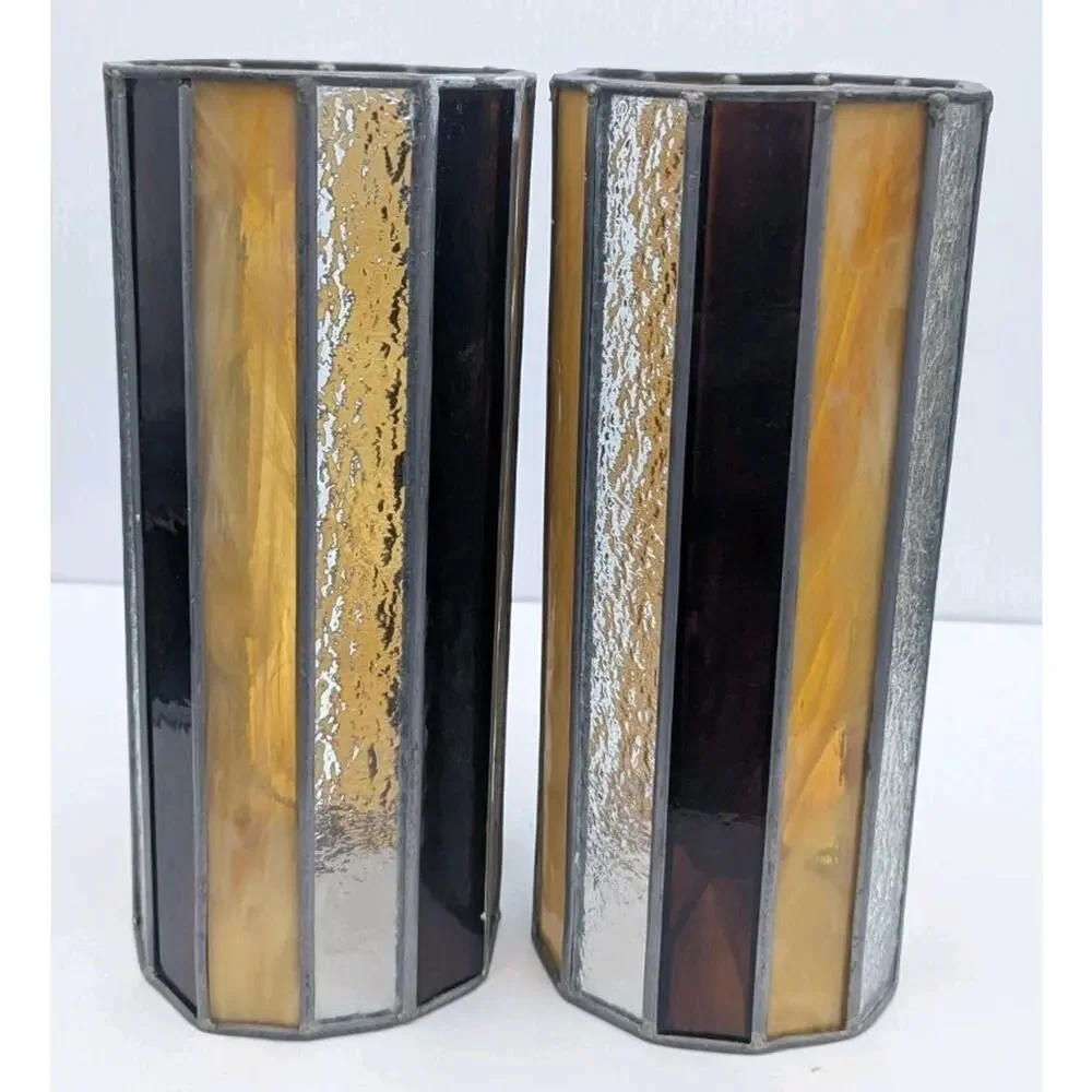 Vintage Stained Glass Tall Cylinder Swag Lamp Shades Lot of 2 Striped